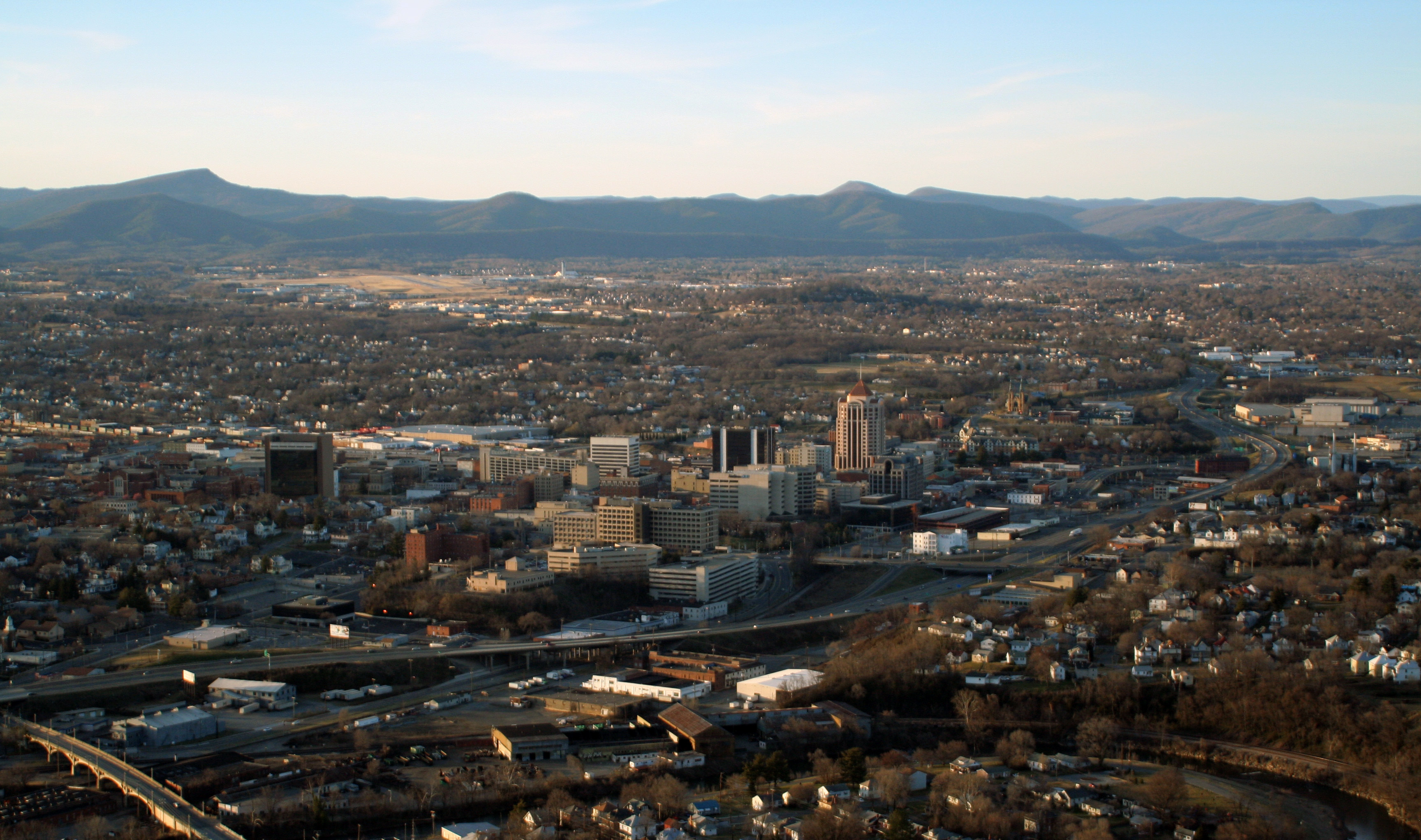 Aerial view of Roanoke, Virginia with the Blue Ridge Mountains beyond