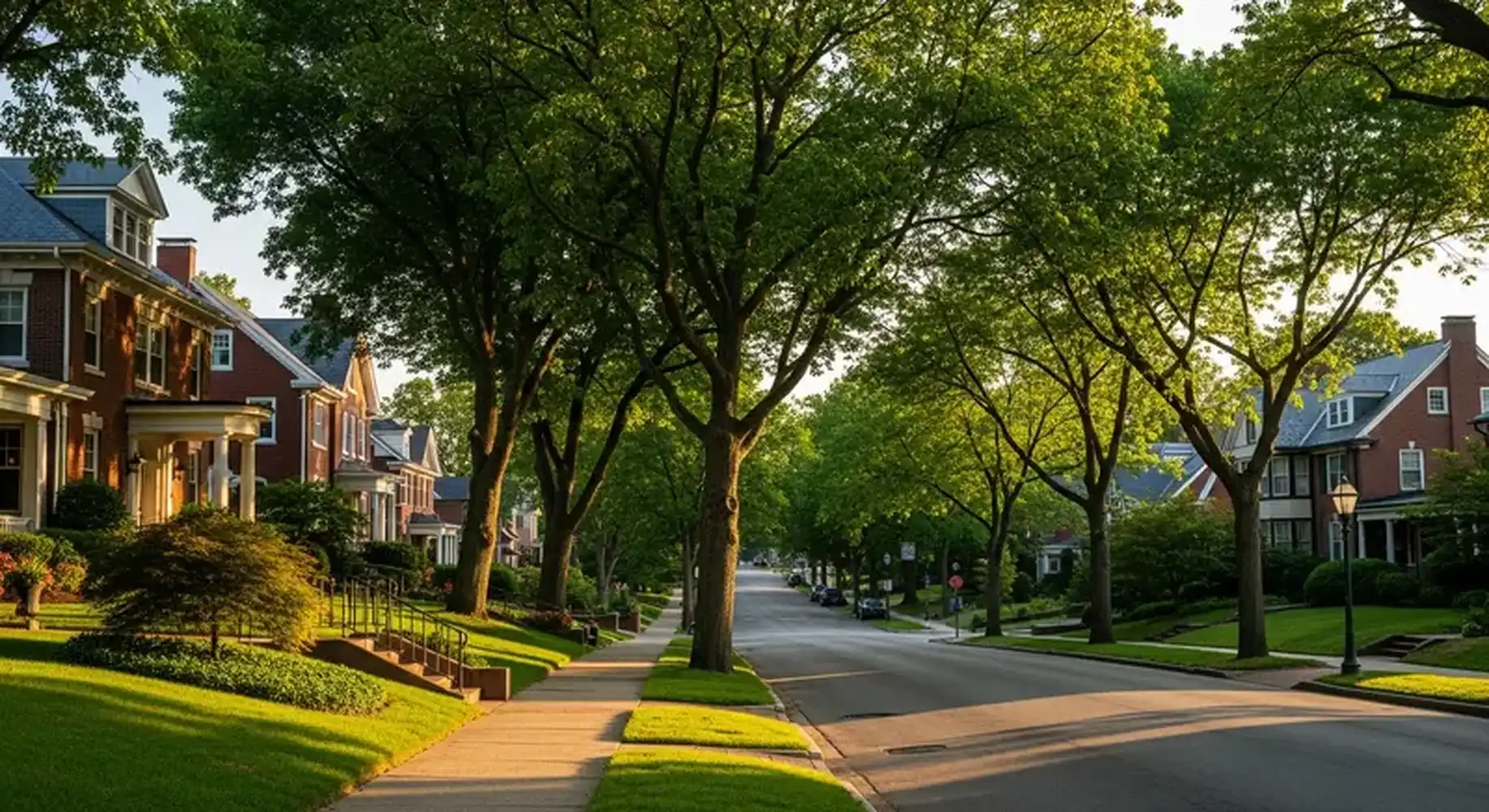 Tree lined street of historic brick homes in South Roanoke, Virginia